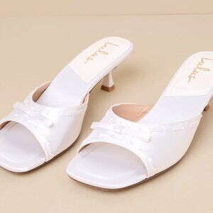 Lulus Gennie White Satin Bow Kitten Heel Slide Sandals - Size 9 (39)